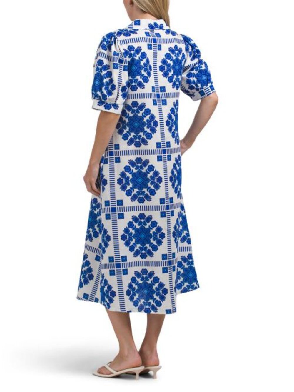 TERZO MILLENNIO Made In Italy Linen Blend Short Sleeve Tile Print Dress - Picture 2 of 4